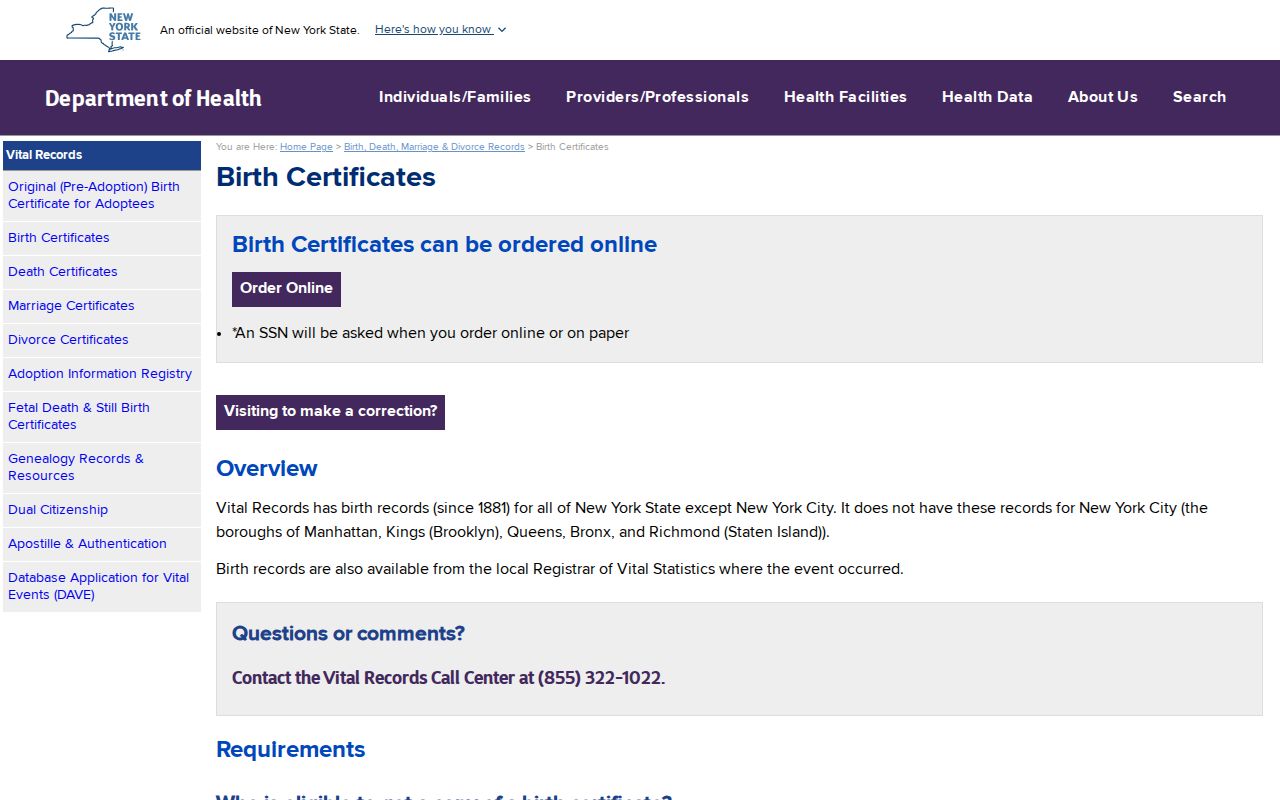East Fishkill residents directory New York birth certificate eligibility information